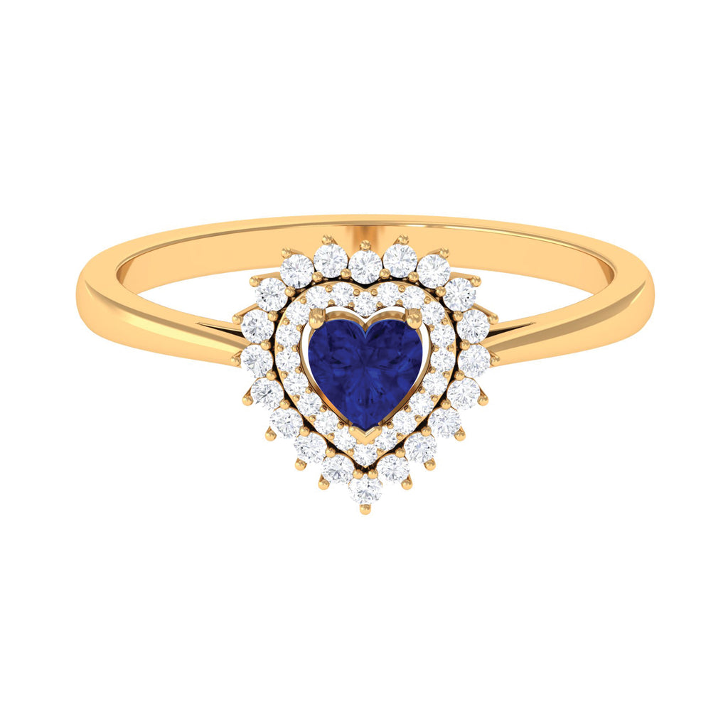 Blue Sapphire Heart and Diamond Double Halo Engagement Ring Blue Sapphire - ( AAA ) - Quality - Rosec Jewels