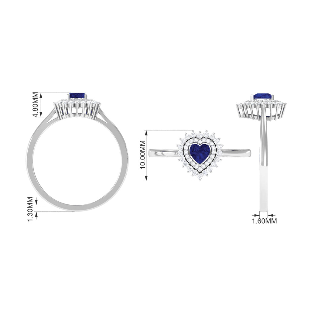 Created Blue Sapphire Heart Engagement Ring with Diamond Double Halo Lab Created Blue Sapphire - ( AAAA ) - Quality - Rosec Jewels