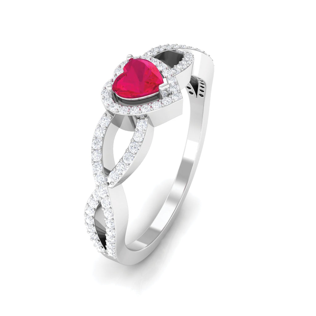 Genuine Ruby Heart Crisscross Engagement Ring with Diamond Ruby - ( AAA ) - Quality - Rosec Jewels