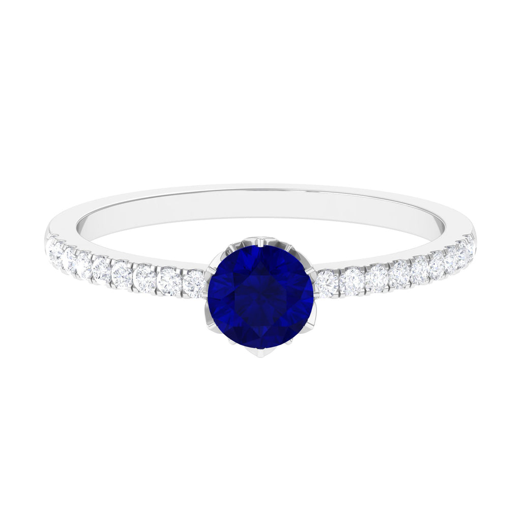 Natural Blue Sapphire Minimal Solitaire Ring with Diamond Side Stones Blue Sapphire - ( AAA ) - Quality - Rosec Jewels