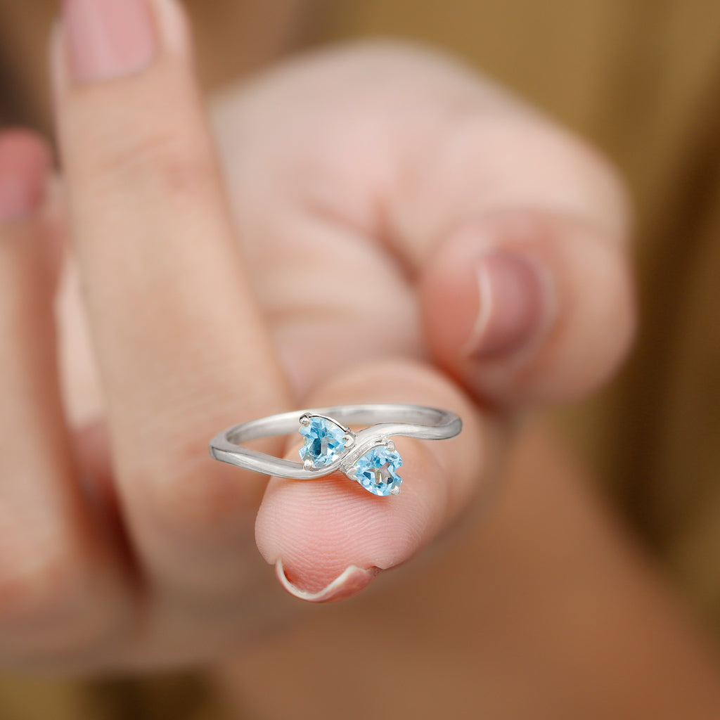Two Stone Heart Promise Ring with Natural Swiss Blue Topaz Swiss Blue Topaz - ( AAA ) - Quality - Rosec Jewels