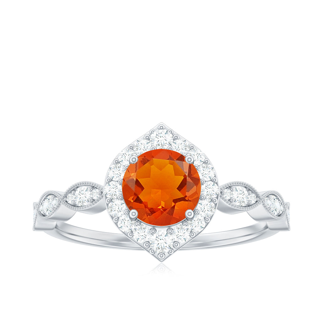 Vintage Style Fire Opal Engagement Ring with Diamond Accent Fire Opal - ( AAA ) - Quality - Rosec Jewels