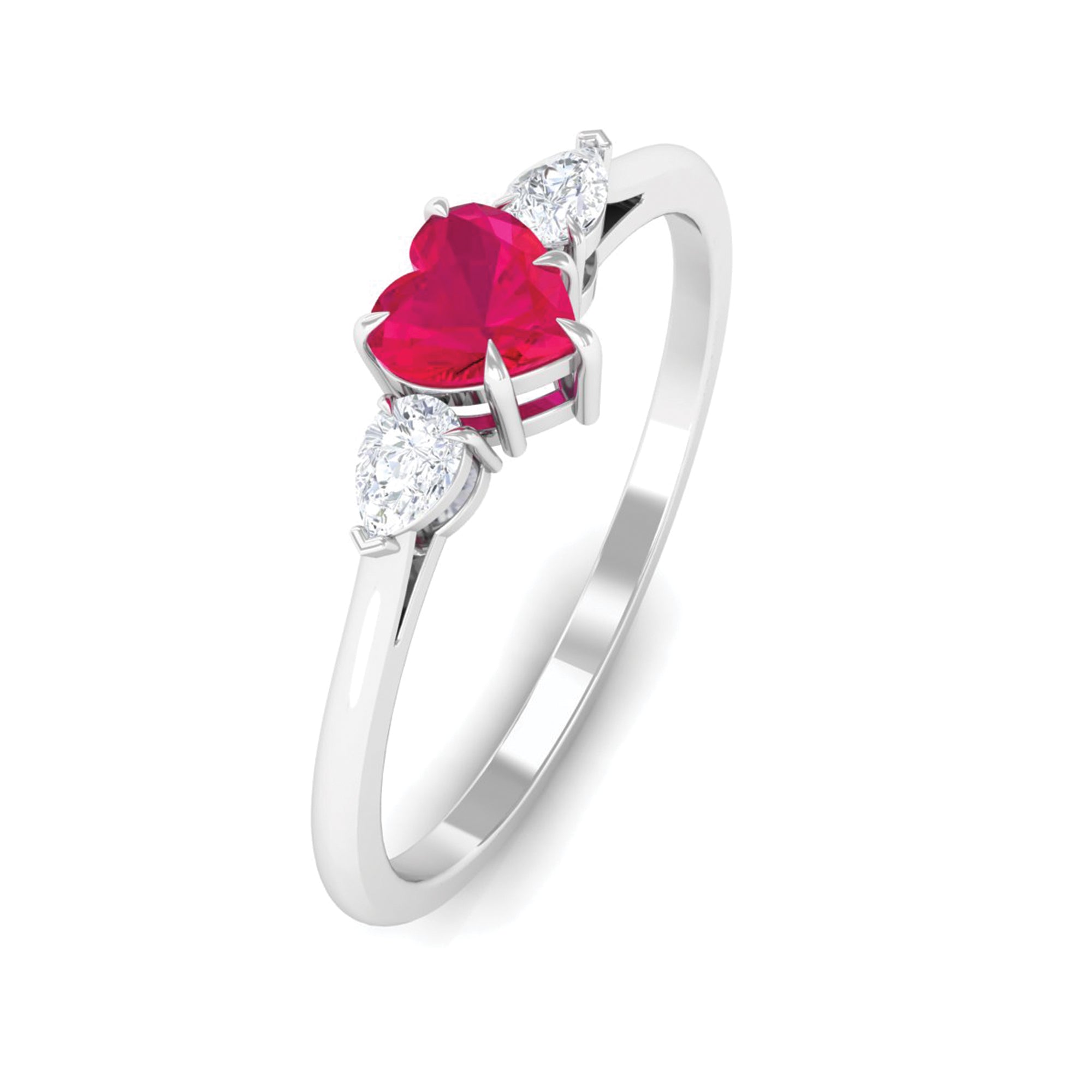 Heart Shape Ruby and Diamond 3 Stone Promise Ring Ruby - ( AAA ) - Quality - Rosec Jewels