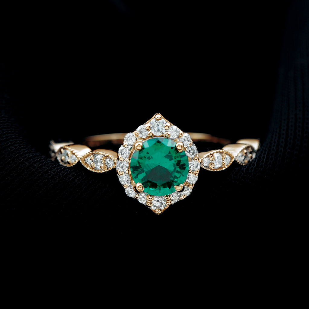 Vintage Inspired Created Emerald Engagement Ring with Diamond Lab Created Emerald - ( AAAA ) - Quality - Rosec Jewels