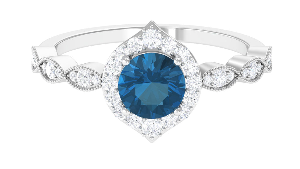 Vintage Style London Blue Topaz Engagement Ring with Diamond London Blue Topaz - ( AAA ) - Quality - Rosec Jewels