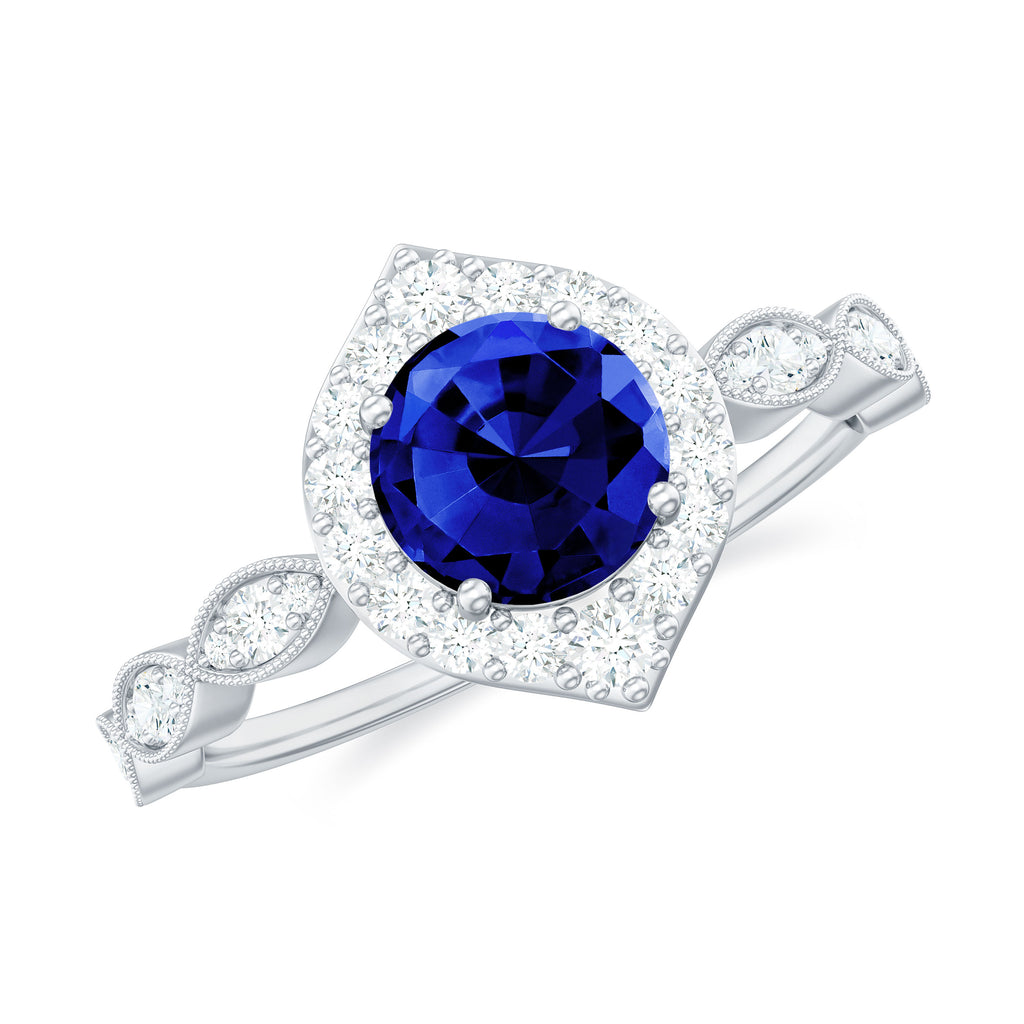 1.75 CT Vintage Created Blue Sapphire Engagement Ring with Diamond Accent Lab Created Blue Sapphire - ( AAAA ) - Quality - Rosec Jewels