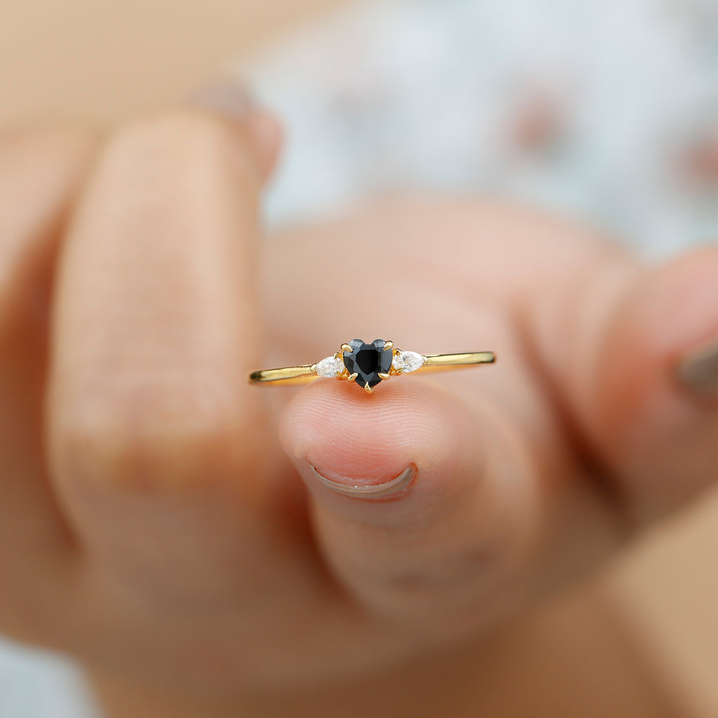 Heart Shape Created Black Diamond Promise Ring with Pear Diamond Lab Created Black Diamond - ( AAAA ) - Quality - Rosec Jewels