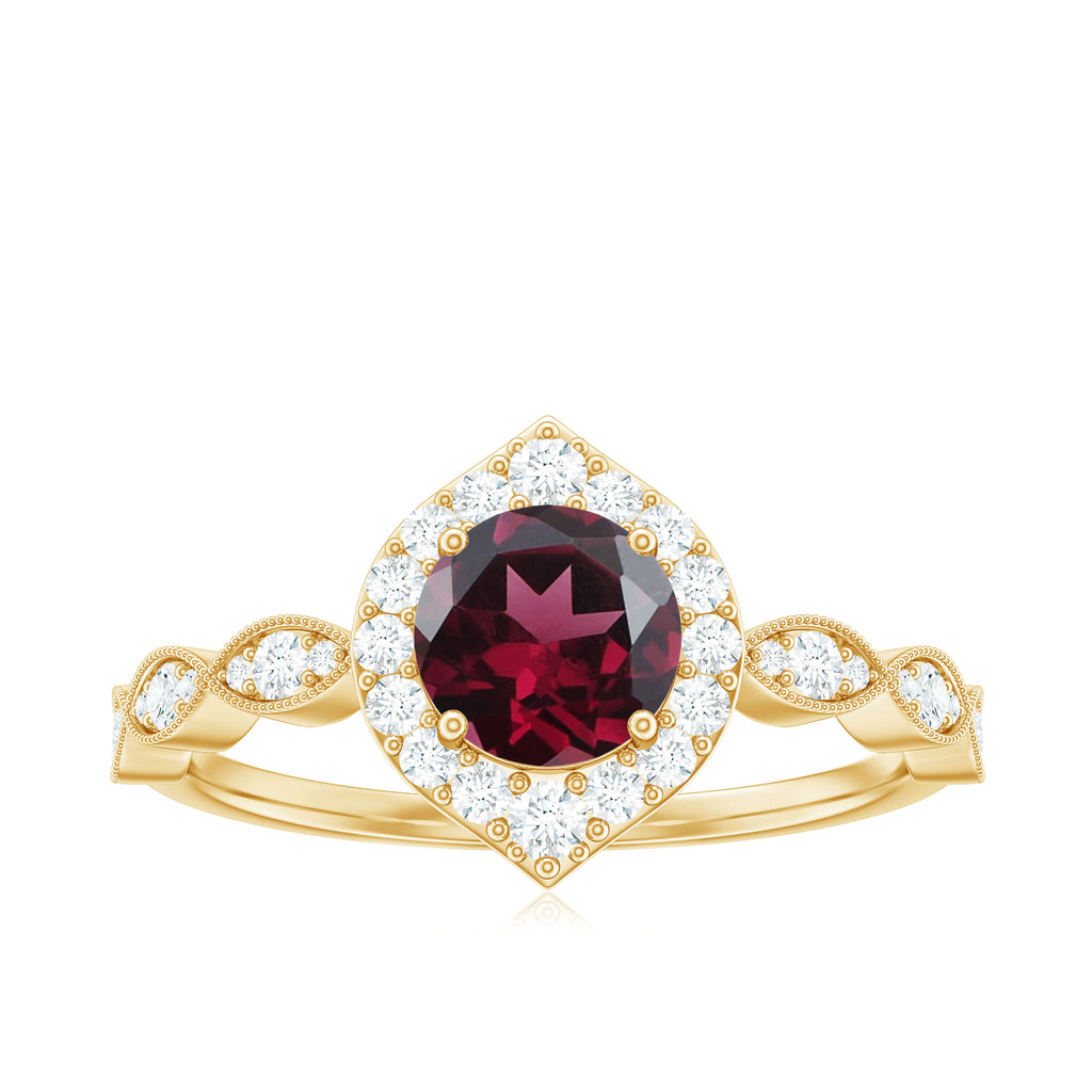 Vintage Style Real Rhodolite Engagement Ring with Diamond Rhodolite - ( AAA ) - Quality - Rosec Jewels