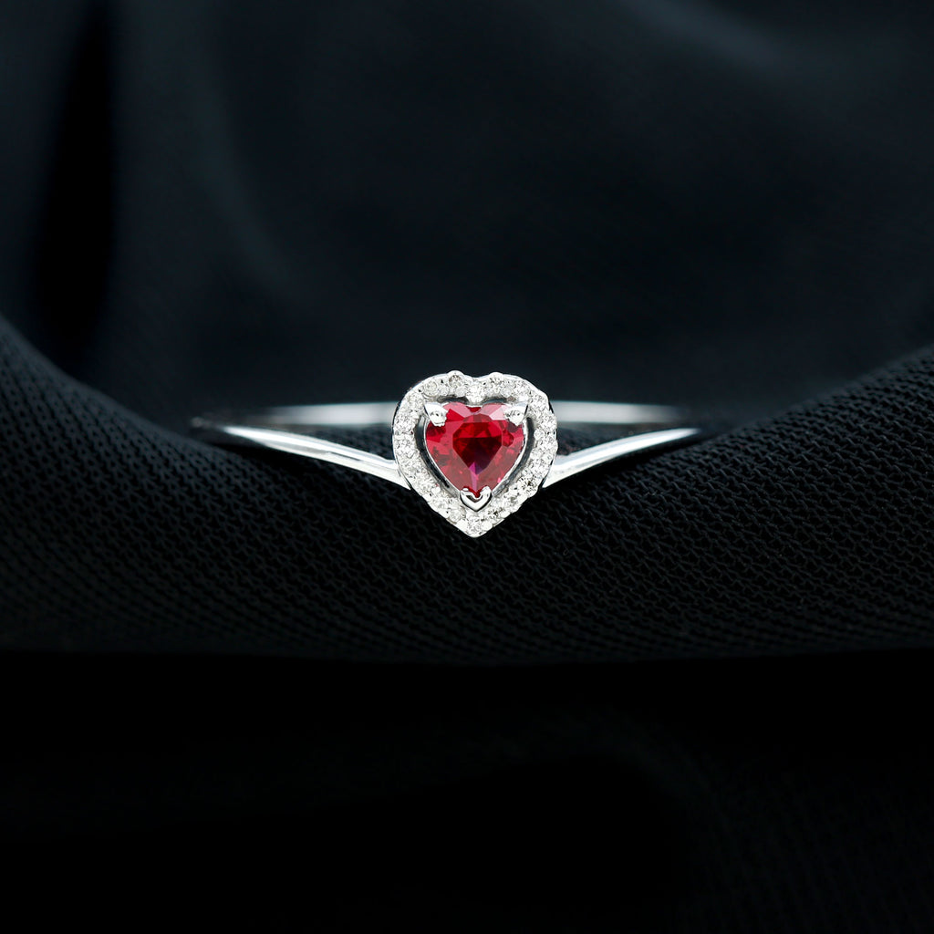 Heart Shape Ruby Promise Ring with Diamond Halo Ruby - ( AAA ) - Quality - Rosec Jewels