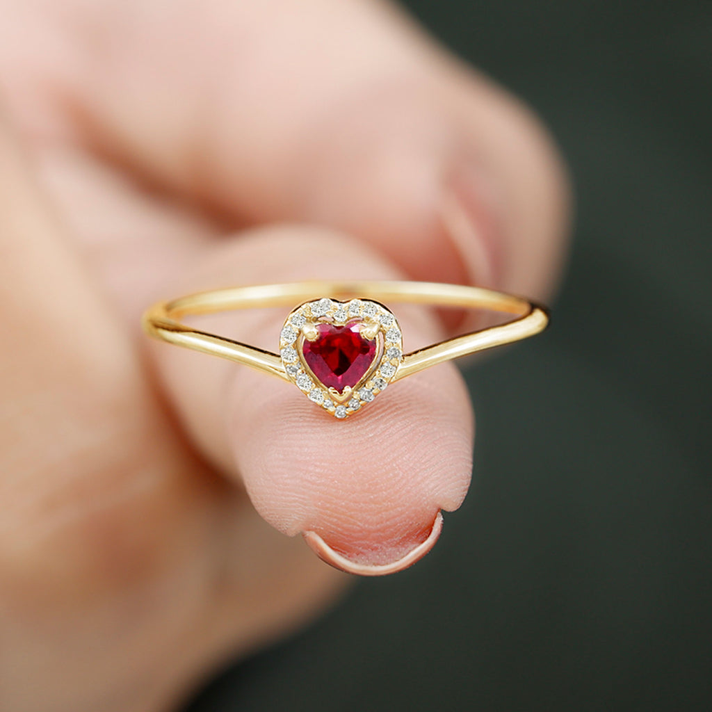 Heart Shape Ruby Promise Ring with Diamond Halo Ruby - ( AAA ) - Quality - Rosec Jewels