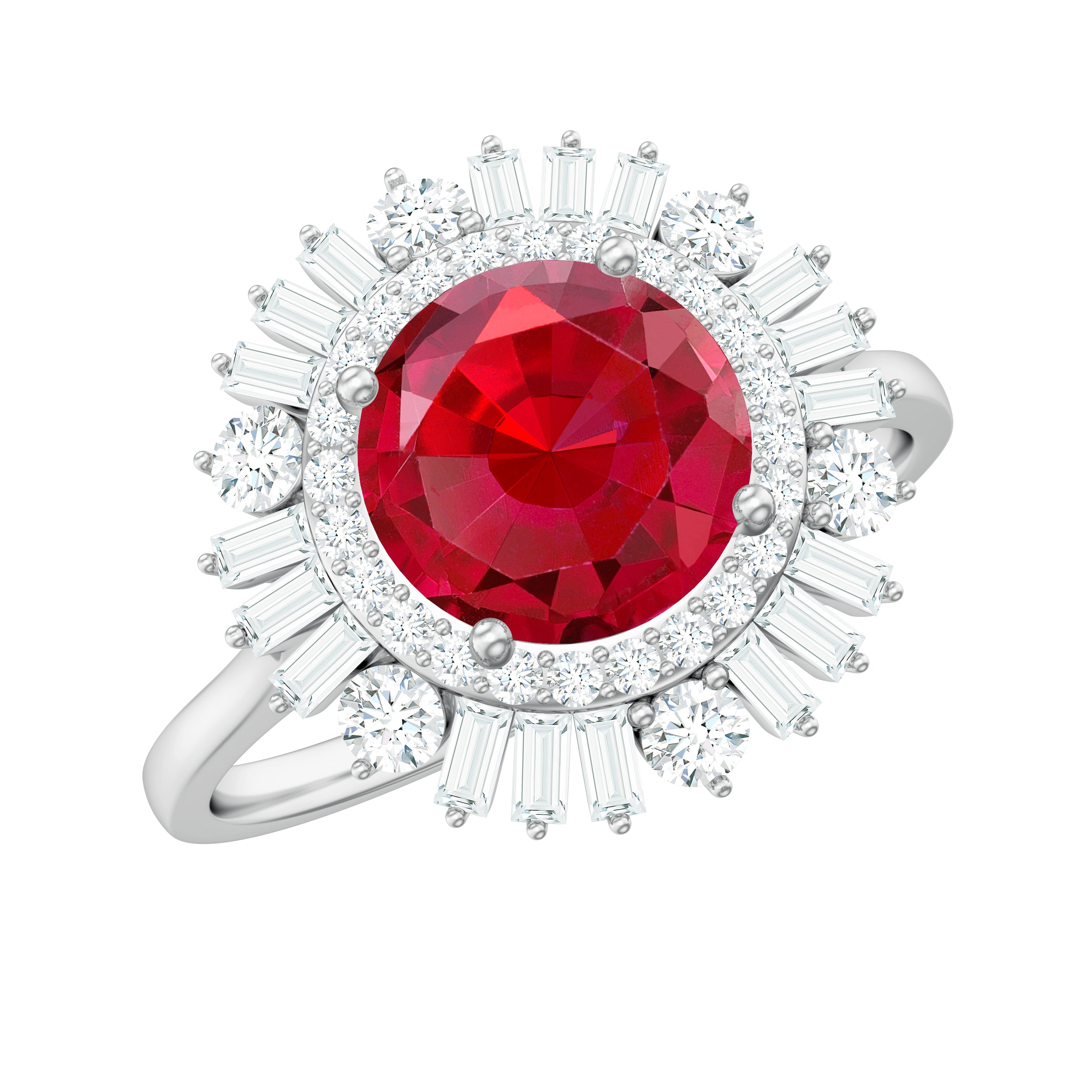 Round Created Ruby Cocktail Ring with Moissanite Double Halo Lab Created Ruby - ( AAAA ) - Quality - Rosec Jewels