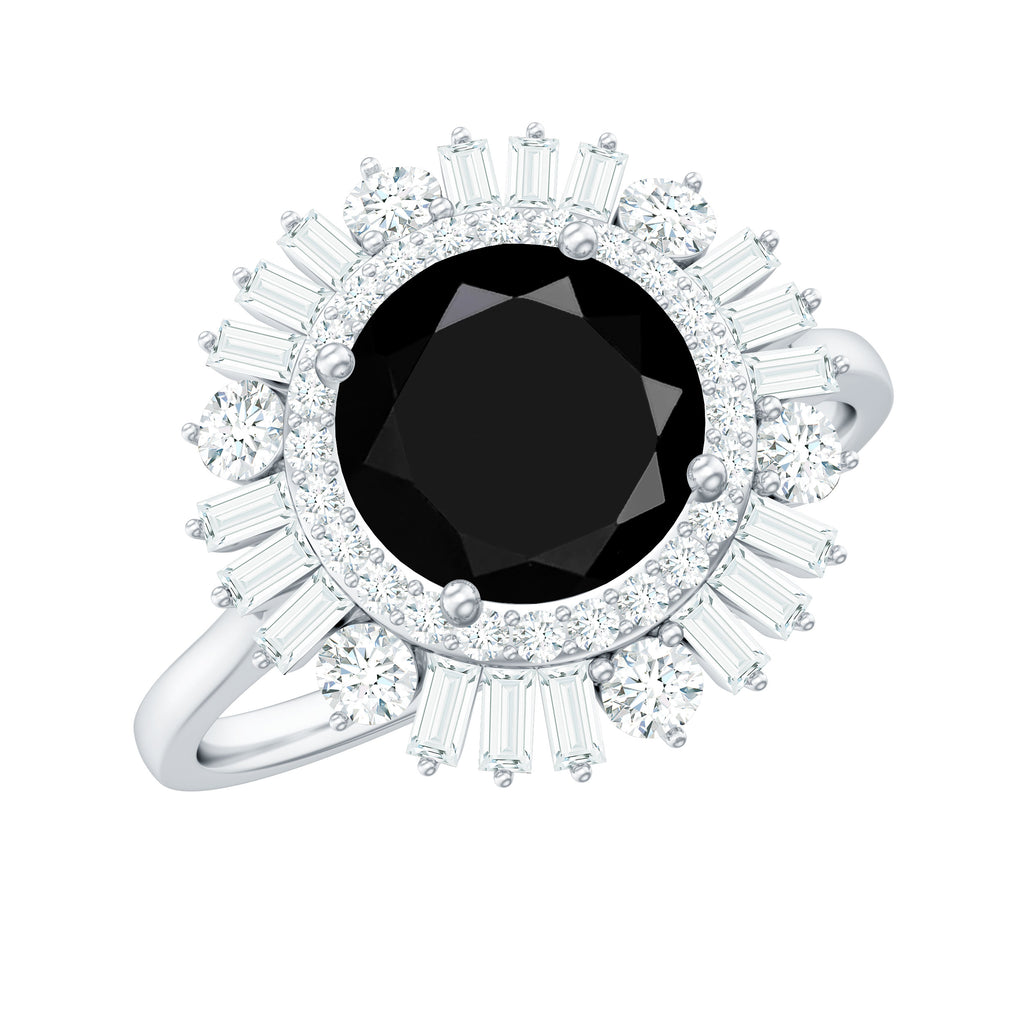 Created Black Diamond Cocktail Engagement Ring with Moissanite Double Halo Lab Created Black Diamond - ( AAAA ) - Quality - Rosec Jewels