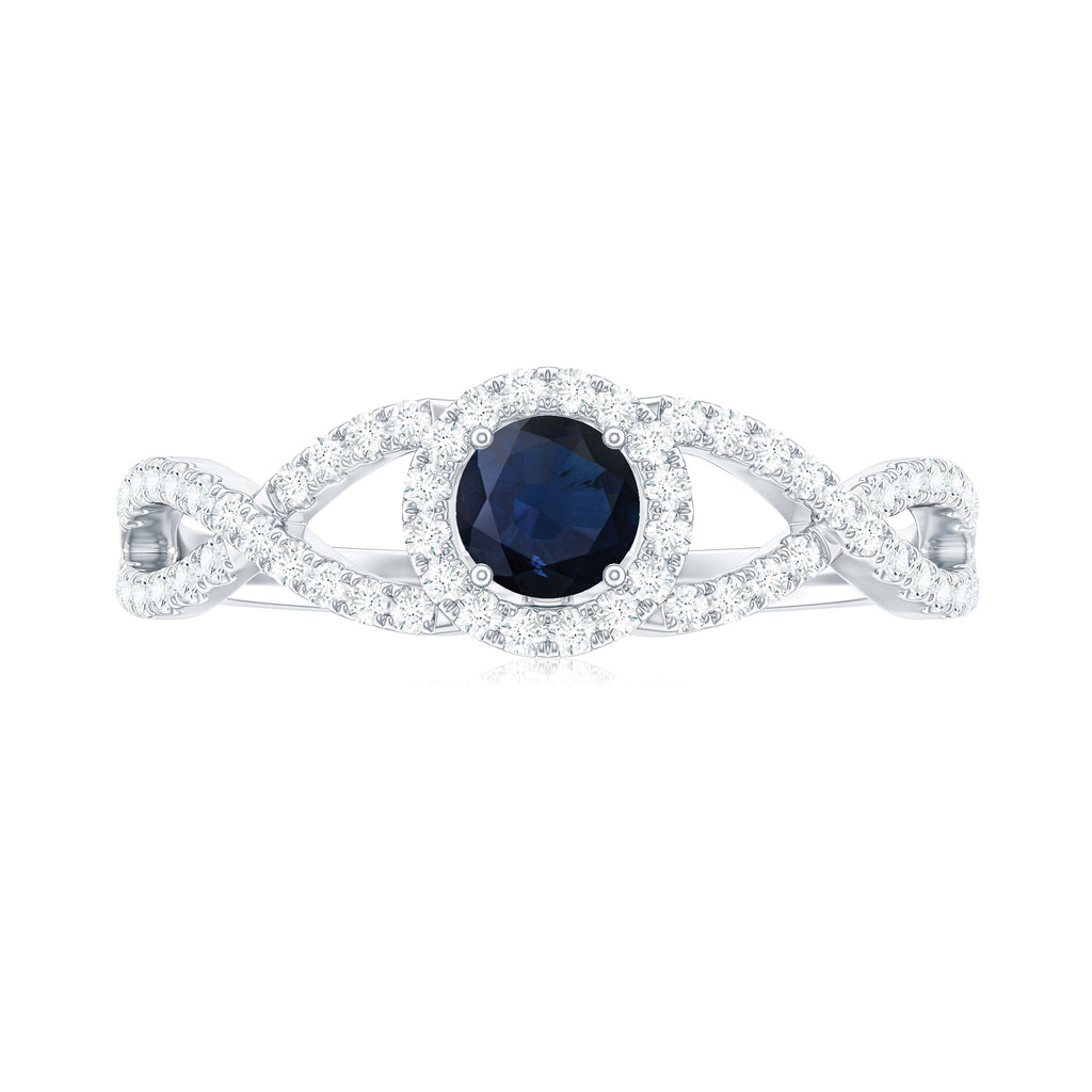 Criss Cross Shank Blue Sapphire and Diamond Halo Engagement Ring Blue Sapphire - ( AAA ) - Quality - Rosec Jewels