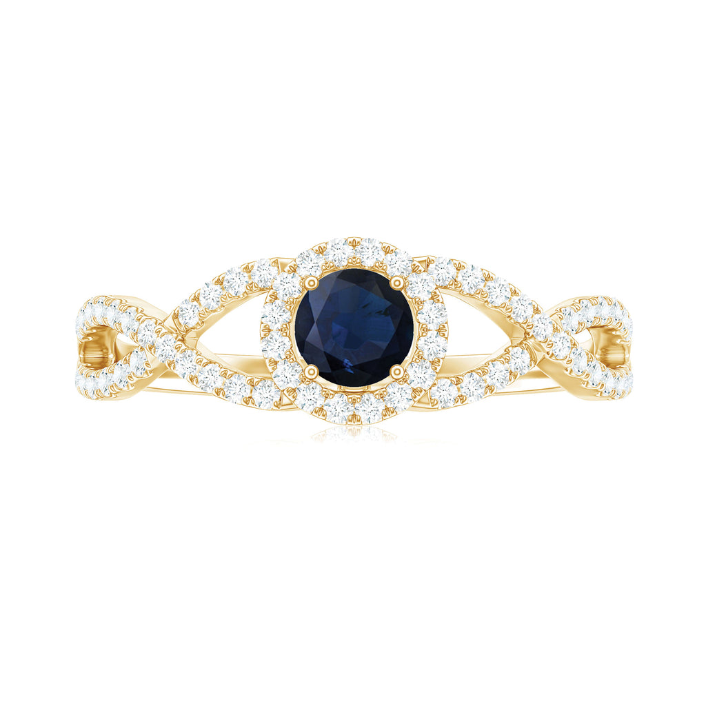 Criss Cross Shank Blue Sapphire and Diamond Halo Engagement Ring Blue Sapphire - ( AAA ) - Quality - Rosec Jewels