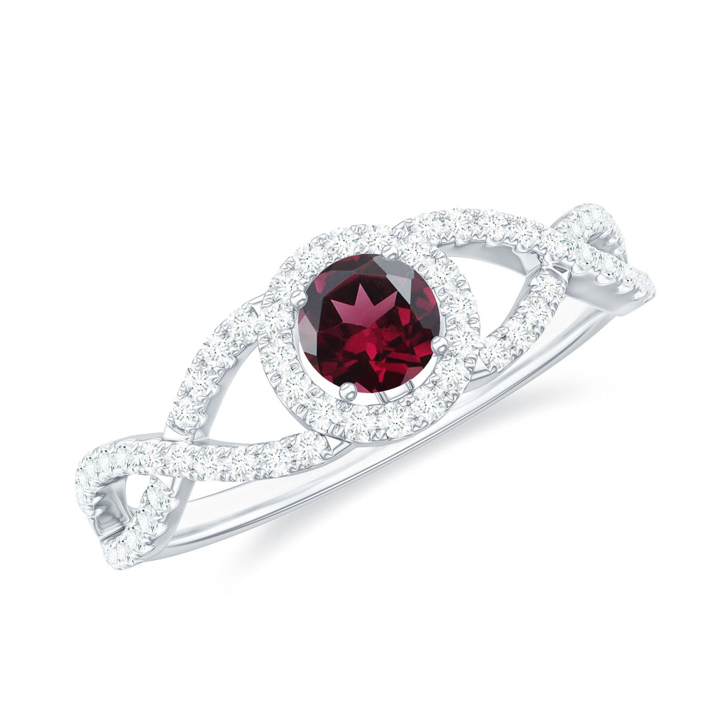 Criss Cross Shank Rhodolite and Diamond Halo Engagement Ring Rhodolite - ( AAA ) - Quality - Rosec Jewels
