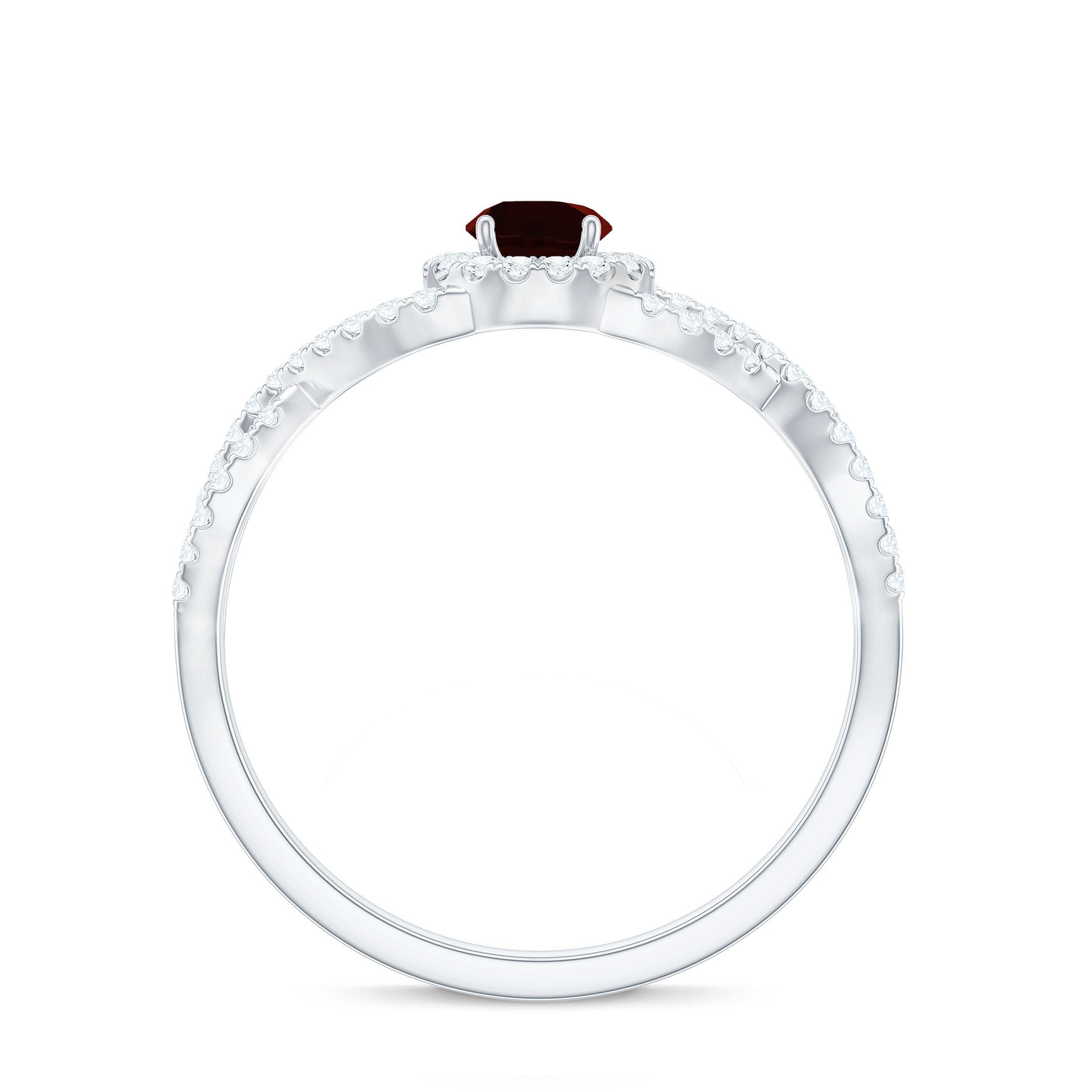 Criss Cross Shank Garnet and Diamond Halo Engagement Ring Garnet - ( AAA ) - Quality - Rosec Jewels
