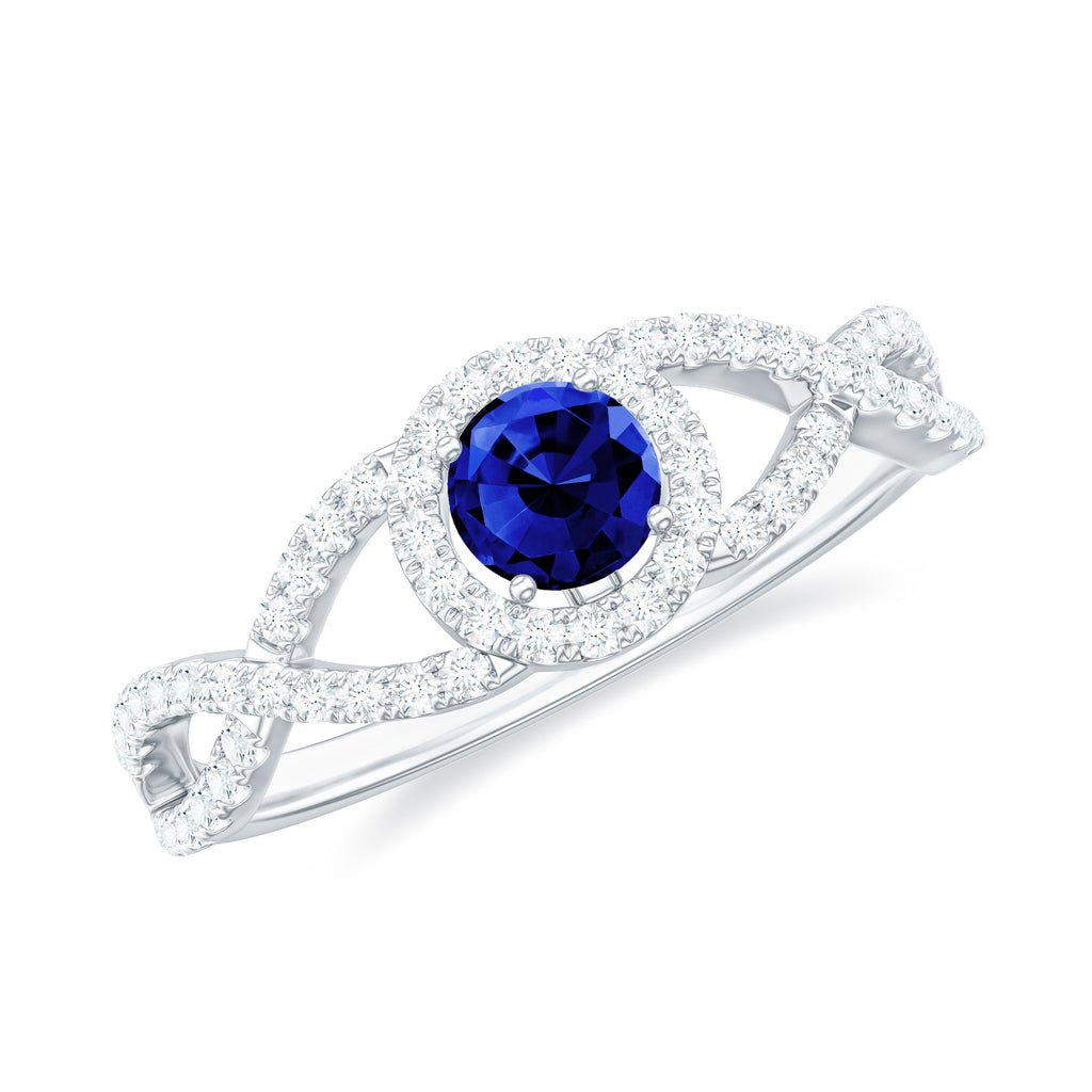 Round Created Blue Sapphire Crisscross Engagement Ring with Moissanite Halo Lab Created Blue Sapphire - ( AAAA ) - Quality - Rosec Jewels