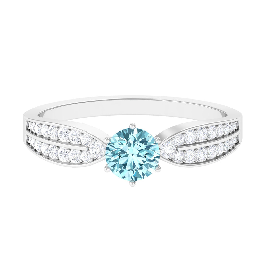 Real Aquamarine Elegant Engagement Ring with Diamond Side Stones Aquamarine - ( AAA ) - Quality - Rosec Jewels