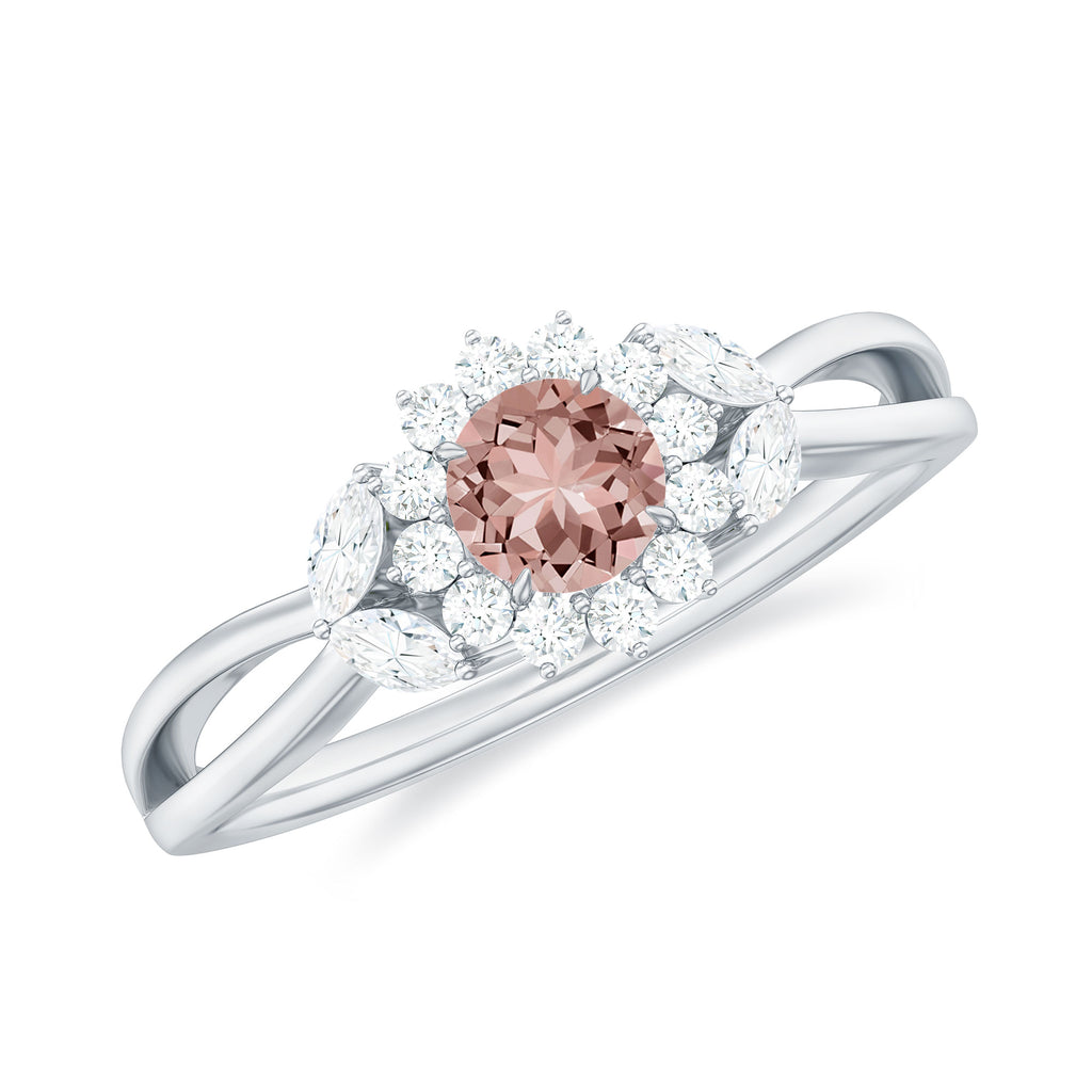 Morganite and Diamond Flower Engagement Ring with Split Shank Morganite - ( AAA ) - Quality - Rosec Jewels
