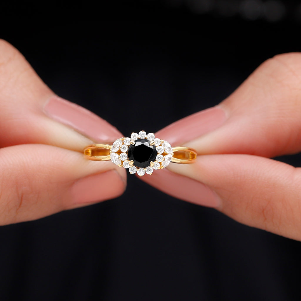 Split Shank Black and White Diamond Flower Engagement Ring Black Diamond - ( AAA ) - Quality - Rosec Jewels