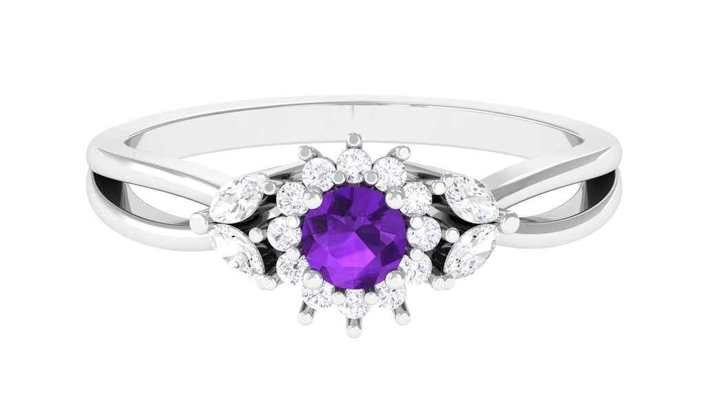 Split Shank Amethyst Flower Engagement Ring with Diamond Amethyst - ( AAA ) - Quality - Rosec Jewels
