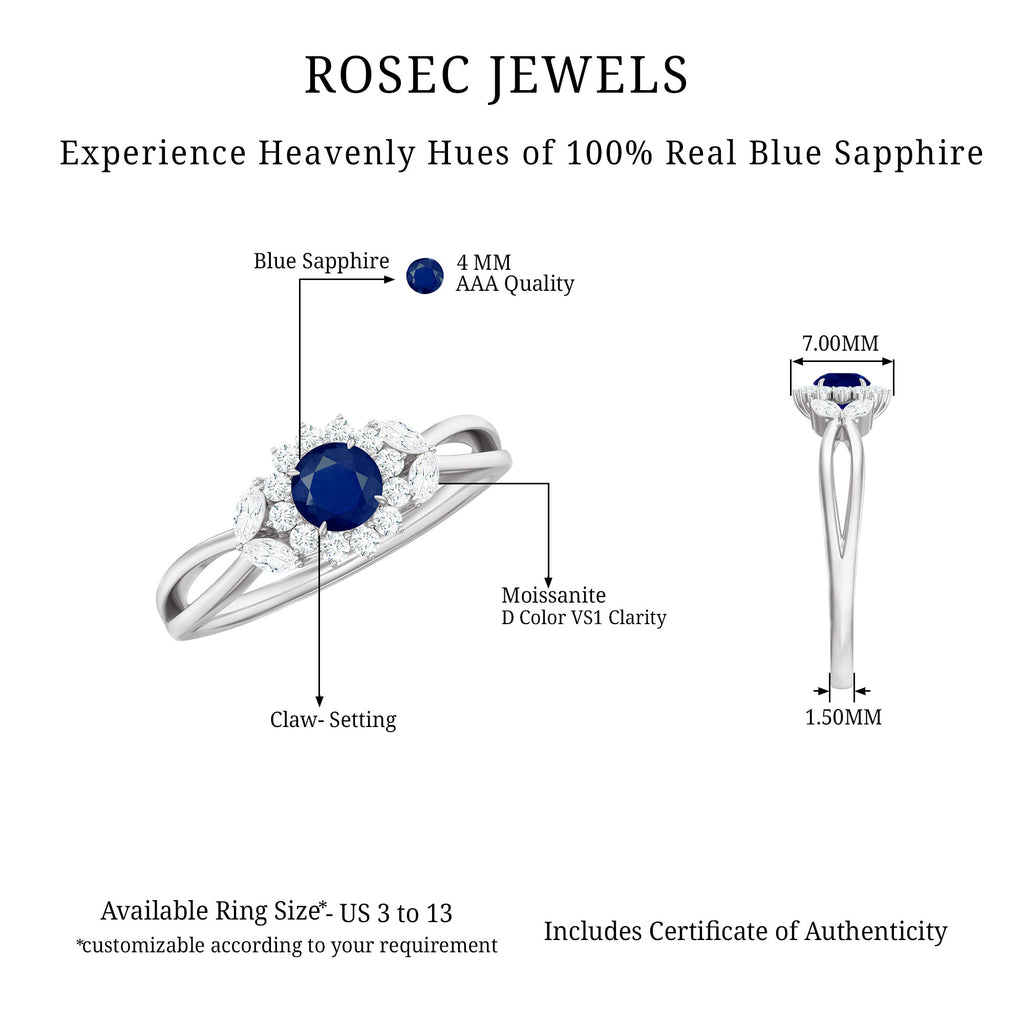 Split Shank Blue Sapphire Flower Engagement Ring with Moissanite Blue Sapphire - ( AAA ) - Quality - Rosec Jewels
