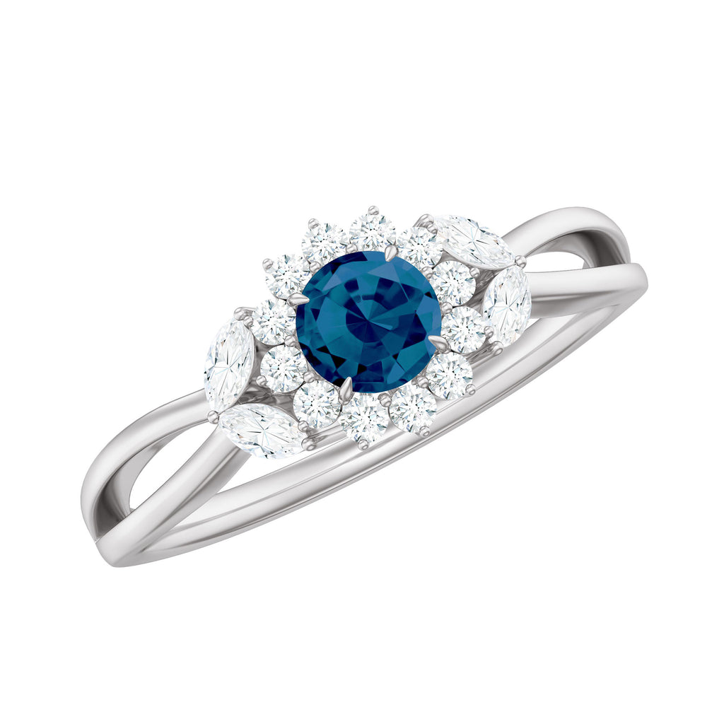 Split Shank London Blue Topaz Flower Engagement Ring with Diamond London Blue Topaz - ( AAA ) - Quality - Rosec Jewels