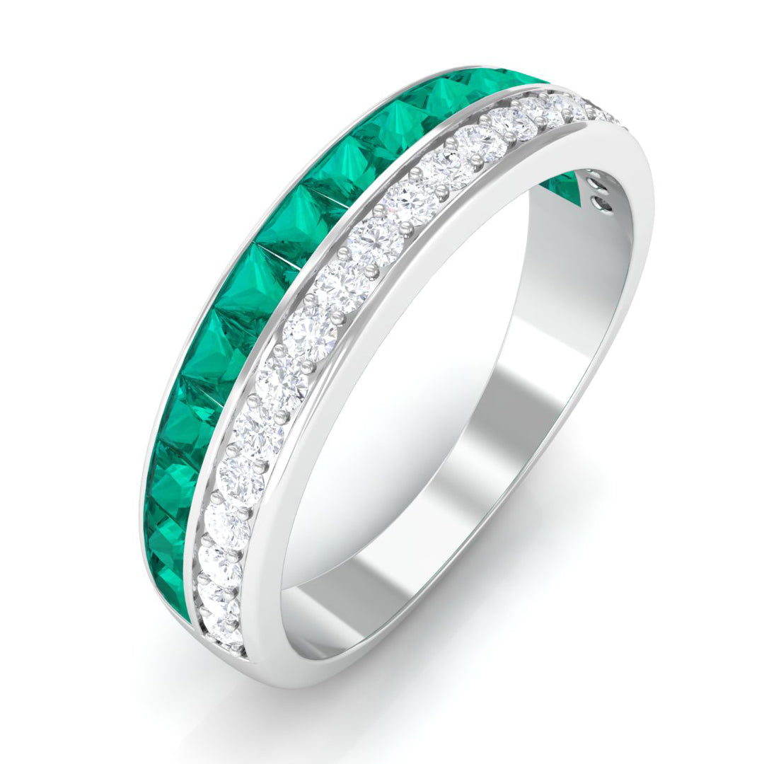 1 CT Natural Emerald and Diamond Half Eternity Ring Emerald - ( AAA ) - Quality - Rosec Jewels