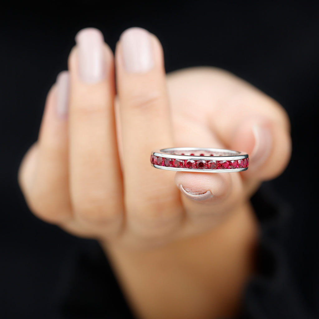 Round Created Ruby Full Eternity Ring in Channel Setting Lab Created Ruby - ( AAAA ) - Quality - Rosec Jewels
