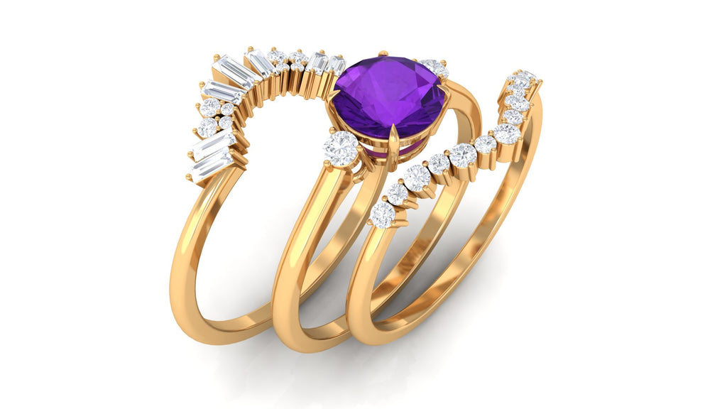 Real Amethyst Designer Trio Wedding Ring Set with Diamond Amethyst - ( AAA ) - Quality - Rosec Jewels