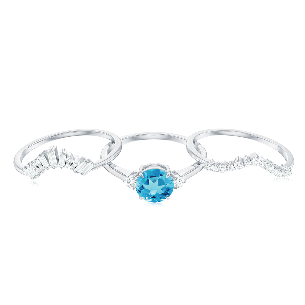 Round Swiss Blue Topaz Designer Trio Wedding Ring Set with Diamond Swiss Blue Topaz - ( AAA ) - Quality - Rosec Jewels
