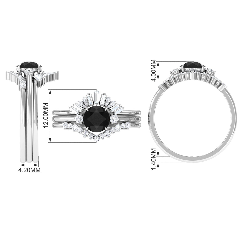 Created Black Diamond Designer Trio Wedding Ring Set with Diamond Lab Created Black Diamond - ( AAAA ) - Quality - Rosec Jewels