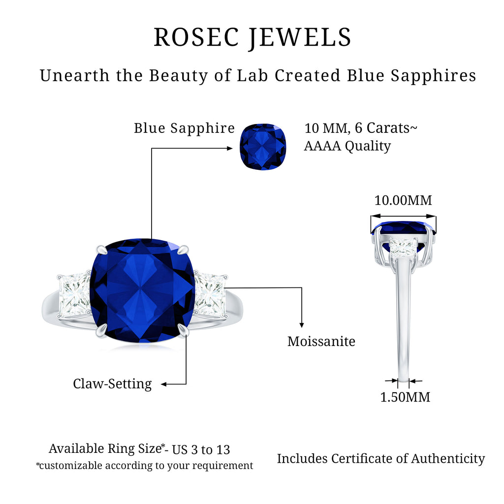 Cushion Cut Created Blue Sapphire Solitaire Ring Lab Created Blue Sapphire - ( AAAA ) - Quality - Rosec Jewels