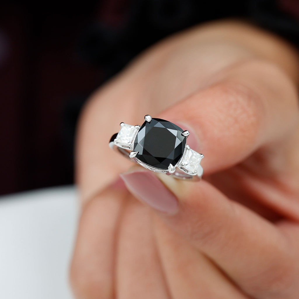 10 MM Cushion Created Black Diamond Solitaire Engagement Ring with Moissanite Lab Created Black Diamond - ( AAAA ) - Quality - Rosec Jewels