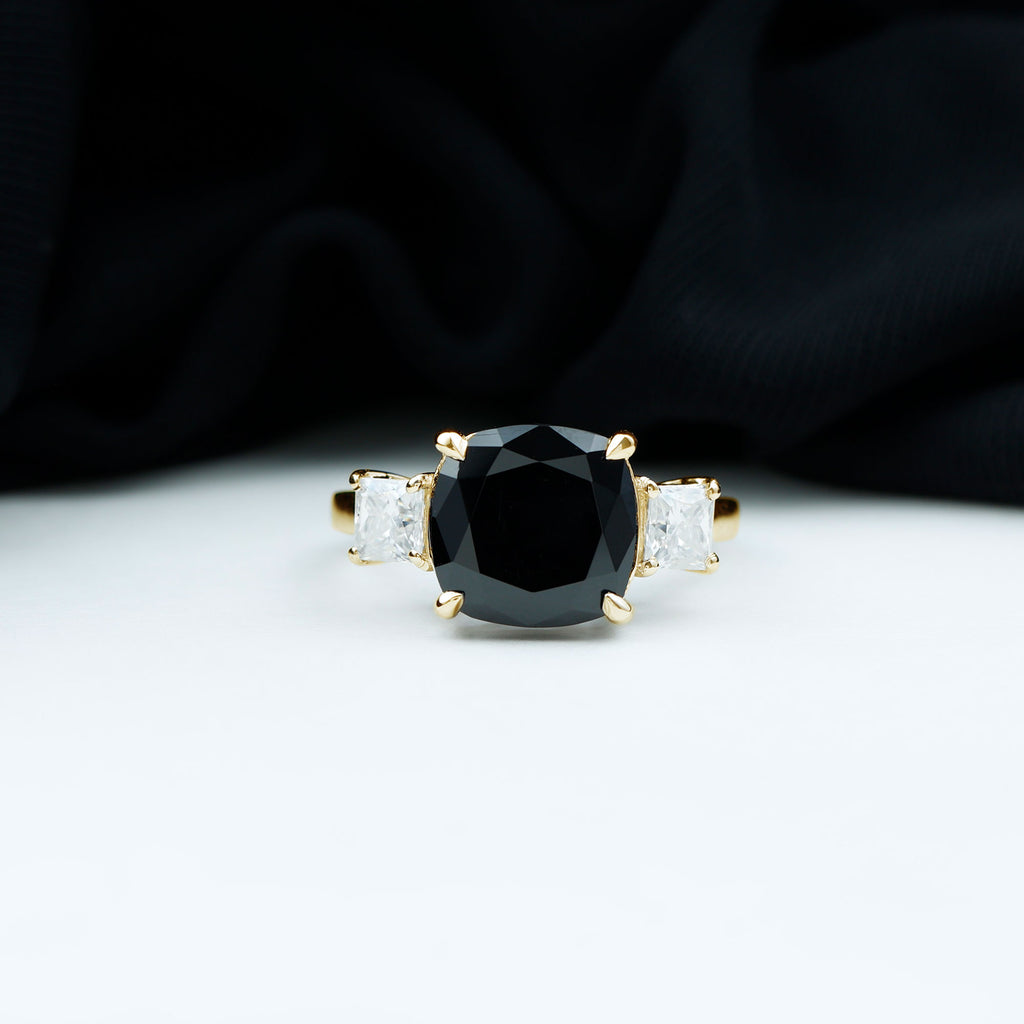 10 MM Cushion Created Black Diamond Solitaire Engagement Ring with Moissanite Lab Created Black Diamond - ( AAAA ) - Quality - Rosec Jewels