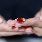 Cushion Created Ruby Solitaire Engagement Ring with Princess Cut Moissanite Lab Created Ruby - ( AAAA ) - Quality - Rosec Jewels