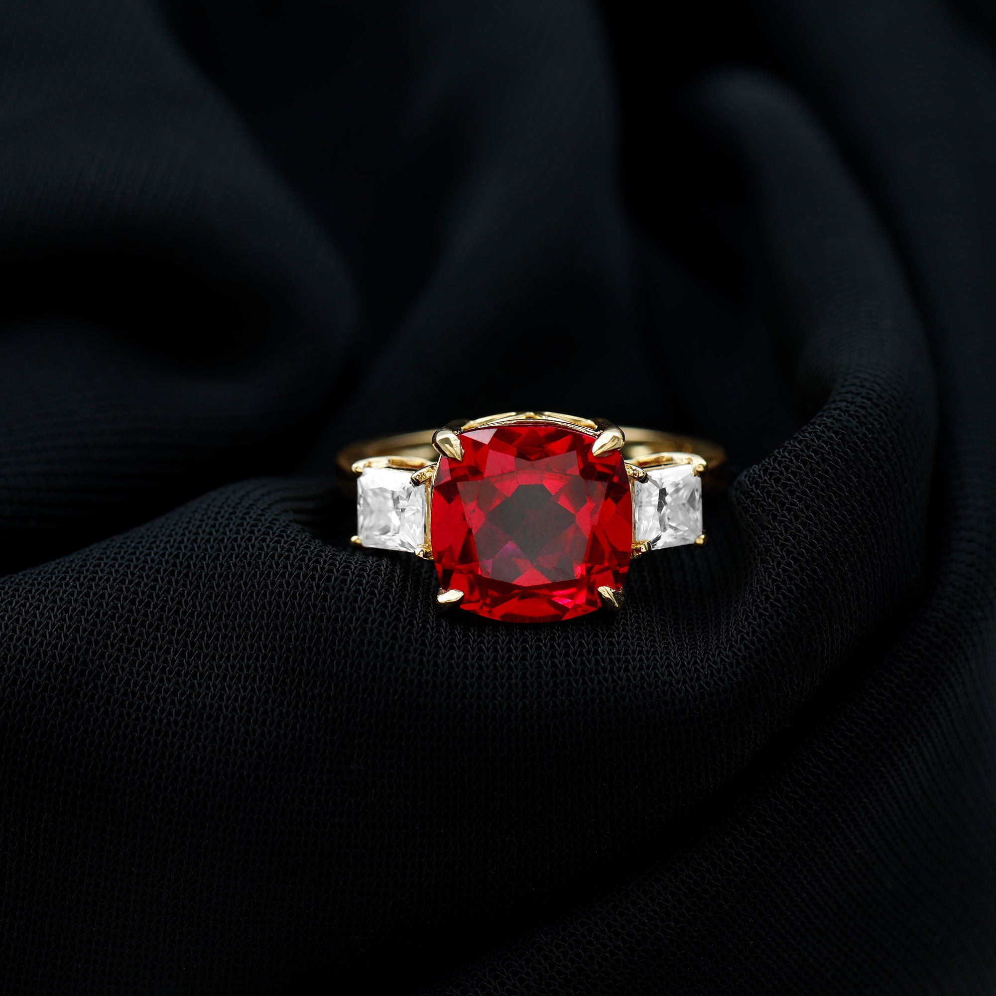 Cushion Created Ruby Solitaire Engagement Ring with Princess Cut Moissanite Lab Created Ruby - ( AAAA ) - Quality - Rosec Jewels