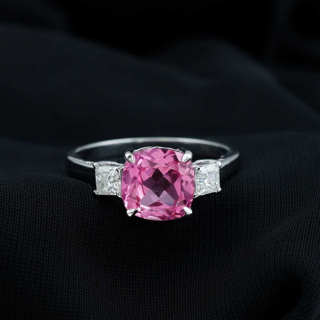 Created Pink Sapphire and Moissanite Engagement Ring Lab Created Pink Sapphire - ( AAAA ) - Quality - Rosec Jewels