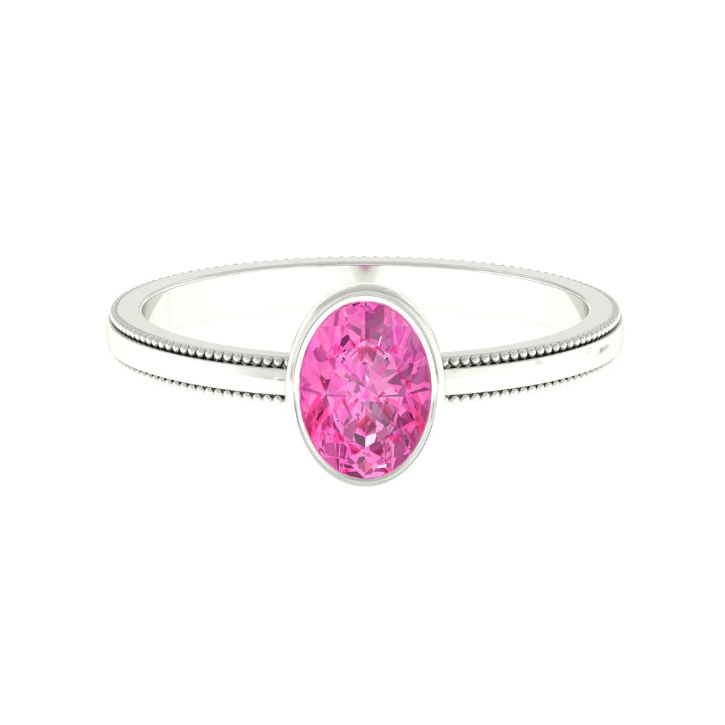 Oval Shape Pink Sapphire Solitaire Ring with Beaded Details Pink Sapphire - ( AAA ) - Quality - Rosec Jewels