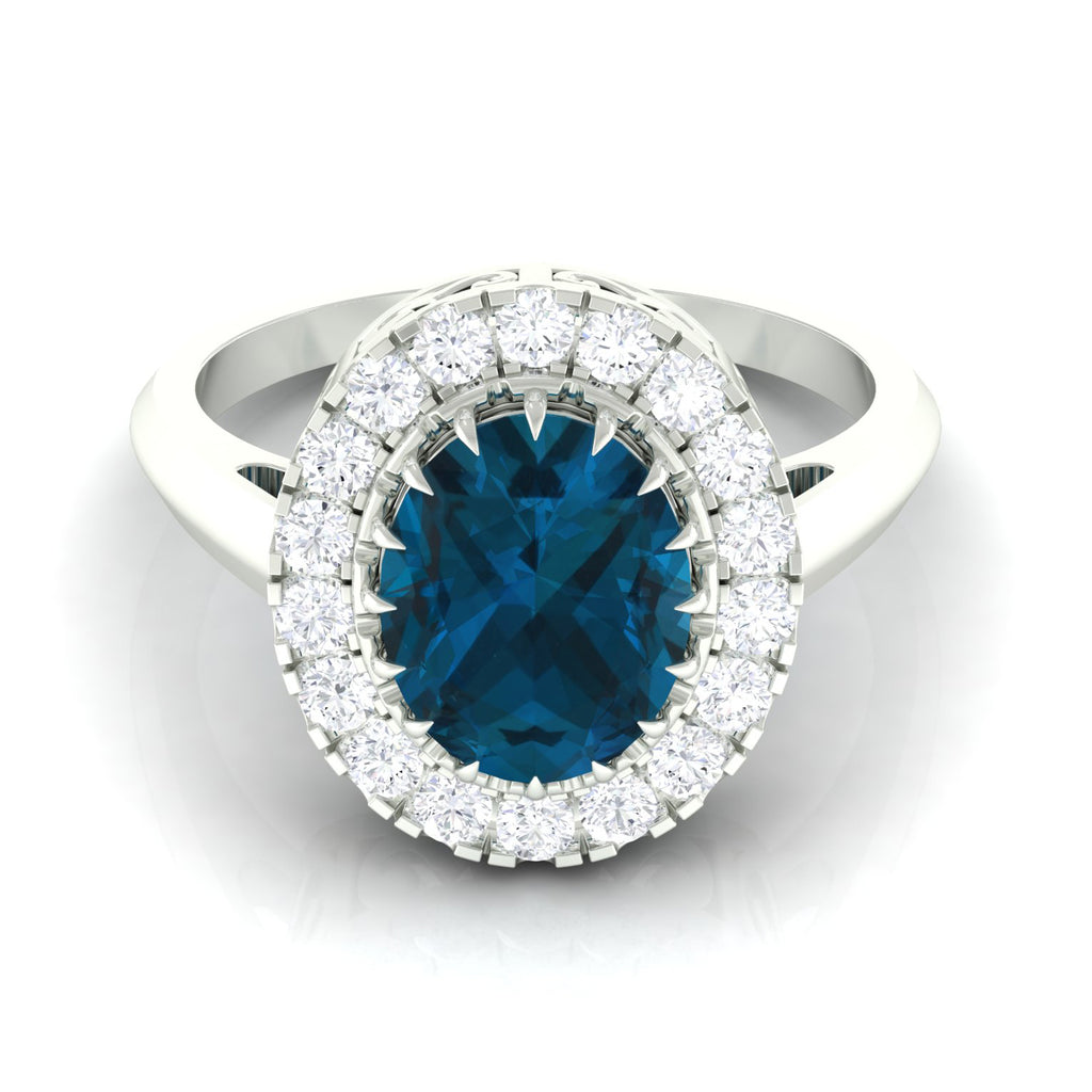 3.50 CT Vintage Claw Set London Blue Topaz Engagement Ring with Diamond Halo London Blue Topaz - ( AAA ) - Quality - Rosec Jewels