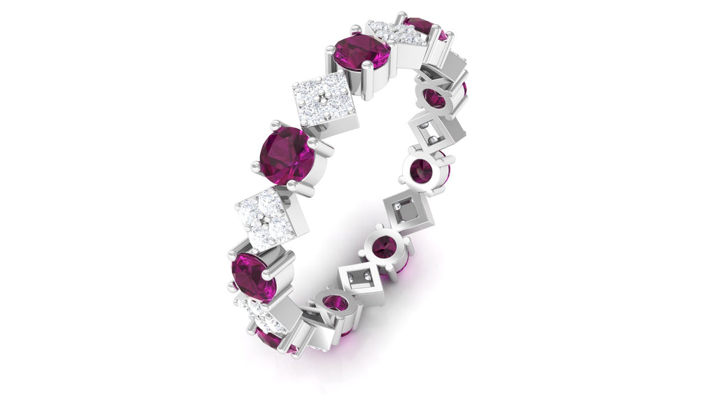 Natural Rhodolite and Diamond Eternity Band Ring Rhodolite - ( AAA ) - Quality - Rosec Jewels