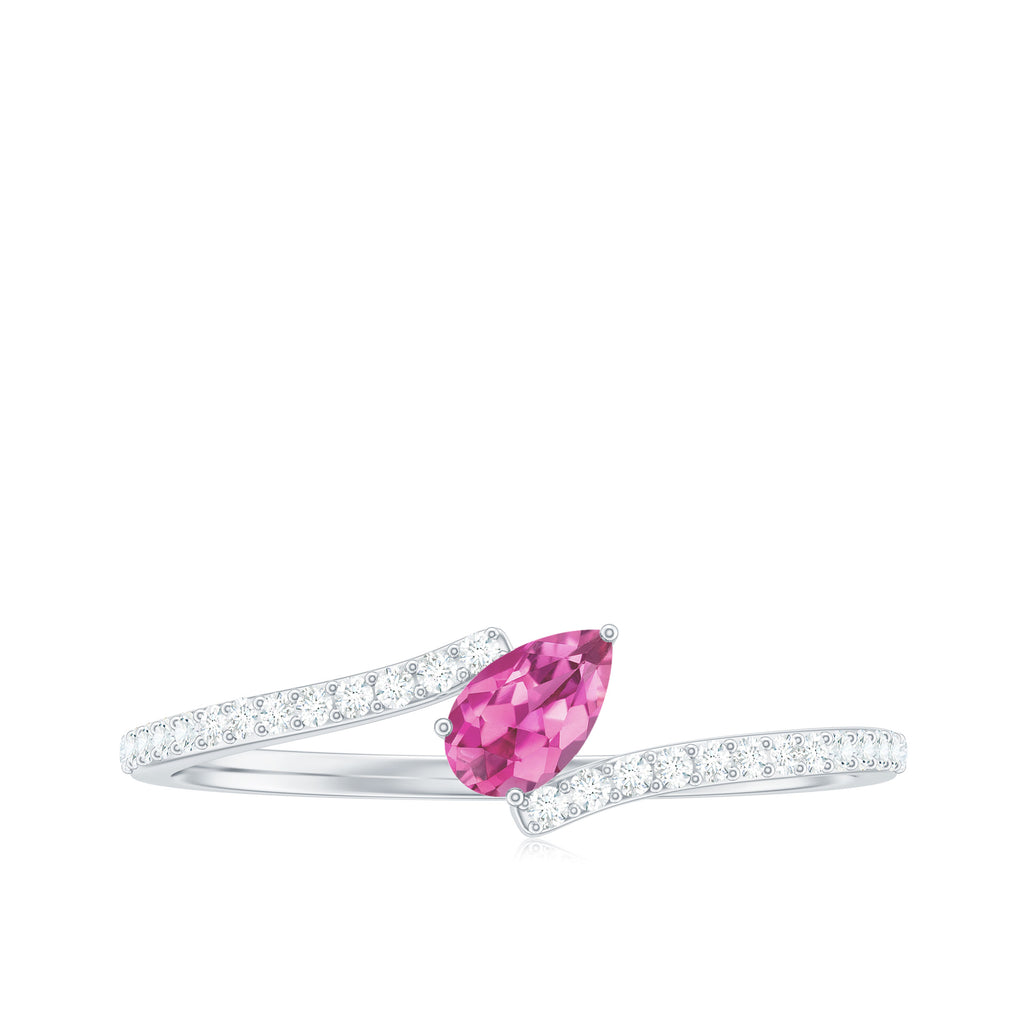 Tilted Pear Shape Pink Tourmaline and Diamond Bypass Promise Ring Pink Tourmaline - ( AAA ) - Quality - Rosec Jewels