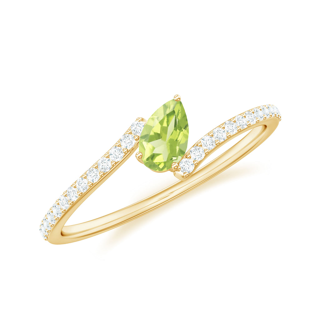 Tilted Pear Cut Peridot Solitaire Bypass Ring with Diamond Peridot - ( AAA ) - Quality - Rosec Jewels