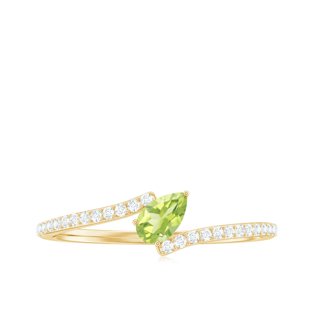 Tilted Pear Cut Peridot Solitaire Bypass Ring with Diamond Peridot - ( AAA ) - Quality - Rosec Jewels