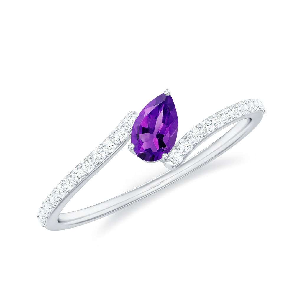 Tilted Pear Shape Solitaire Amethyst Bypass Promise Ring with Diamond Amethyst - ( AAA ) - Quality - Rosec Jewels