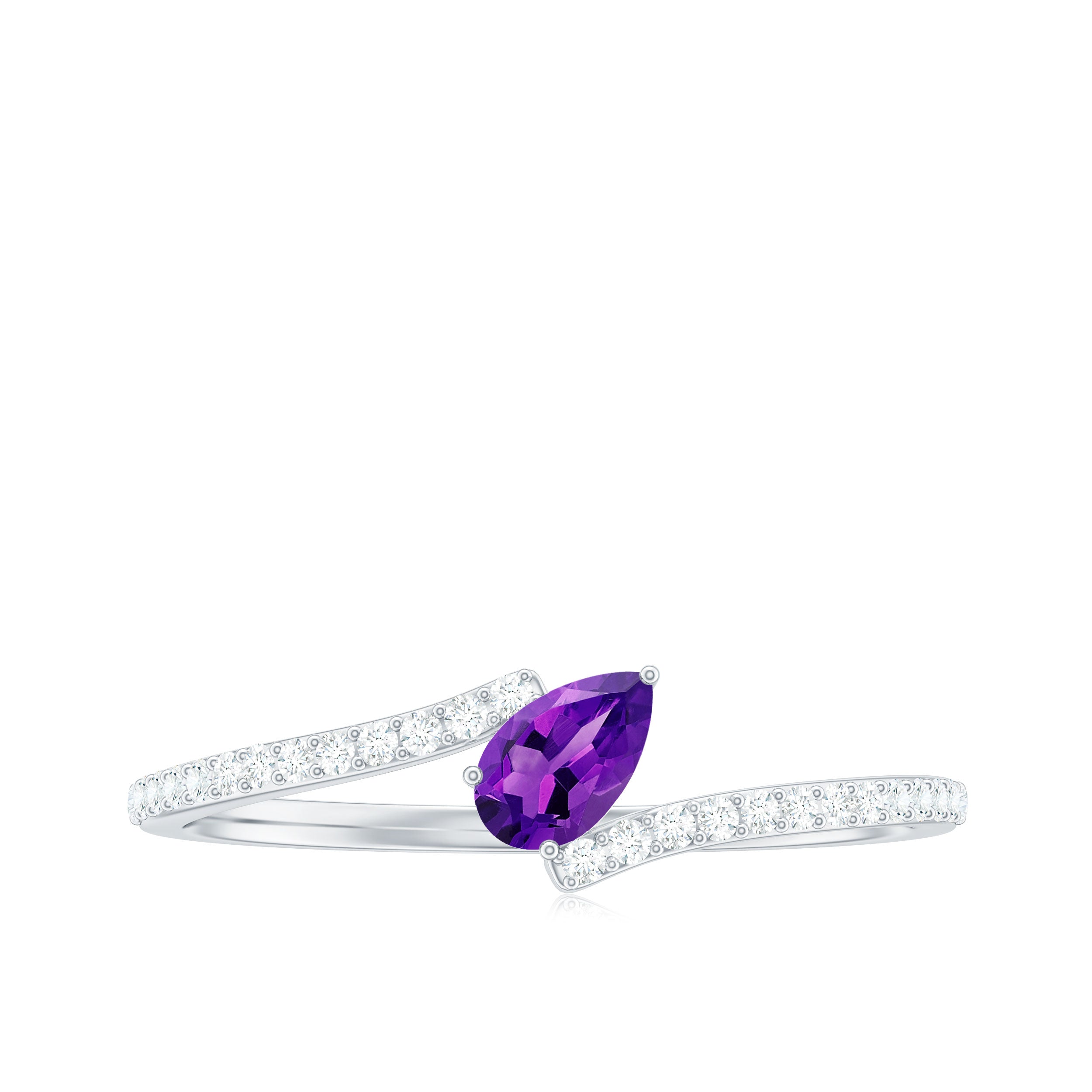 Tilted Pear Shape Solitaire Amethyst Bypass Promise Ring with Diamond Amethyst - ( AAA ) - Quality - Rosec Jewels