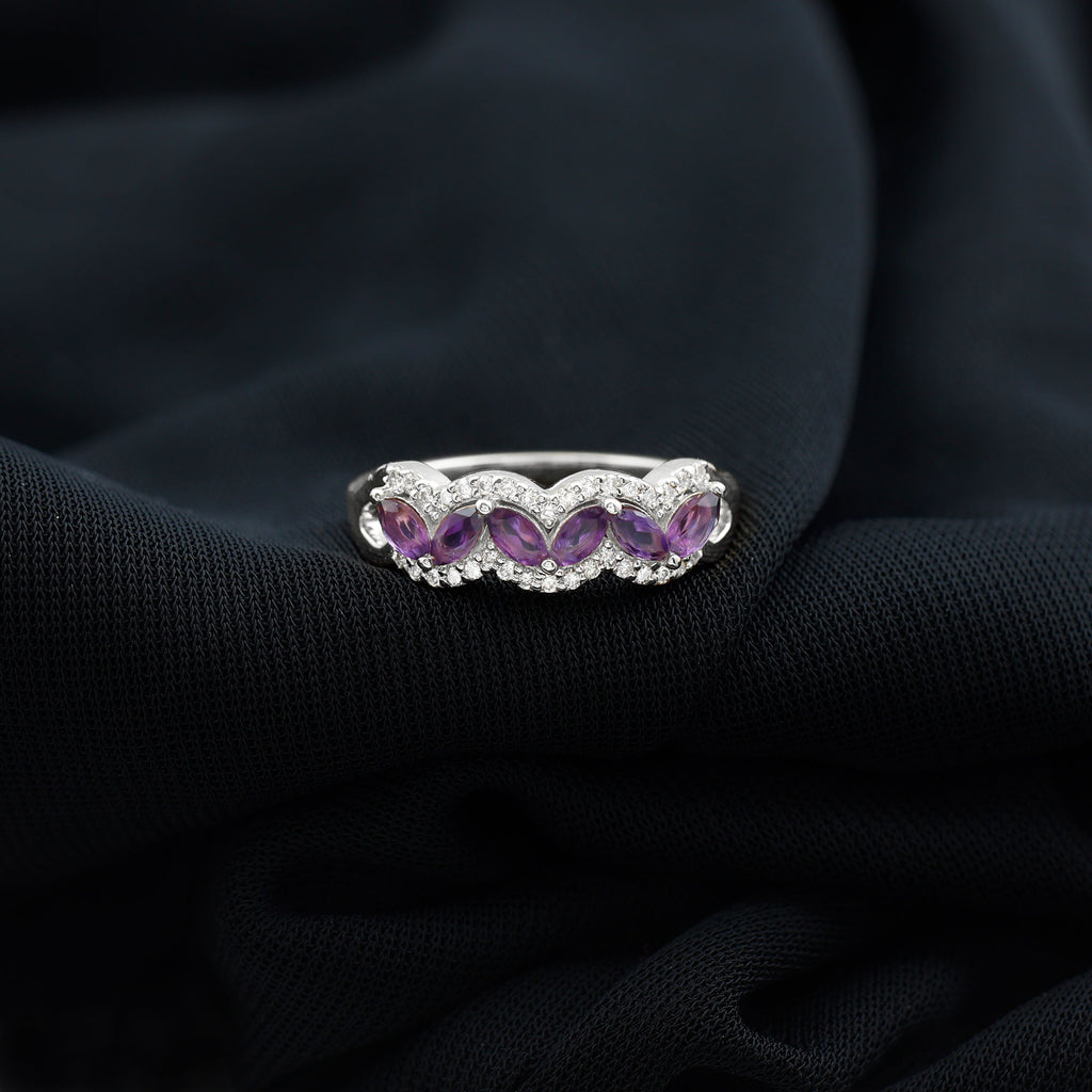 Rosec Jewels - Marquise Shape Amethyst and Diamond Anniversary Band Ring