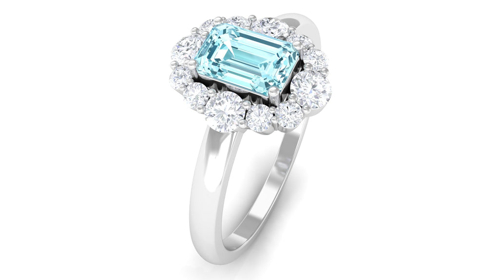 Octagon Aquamarine Engagement Ring with Diamond Halo Aquamarine - ( AAA ) - Quality - Rosec Jewels