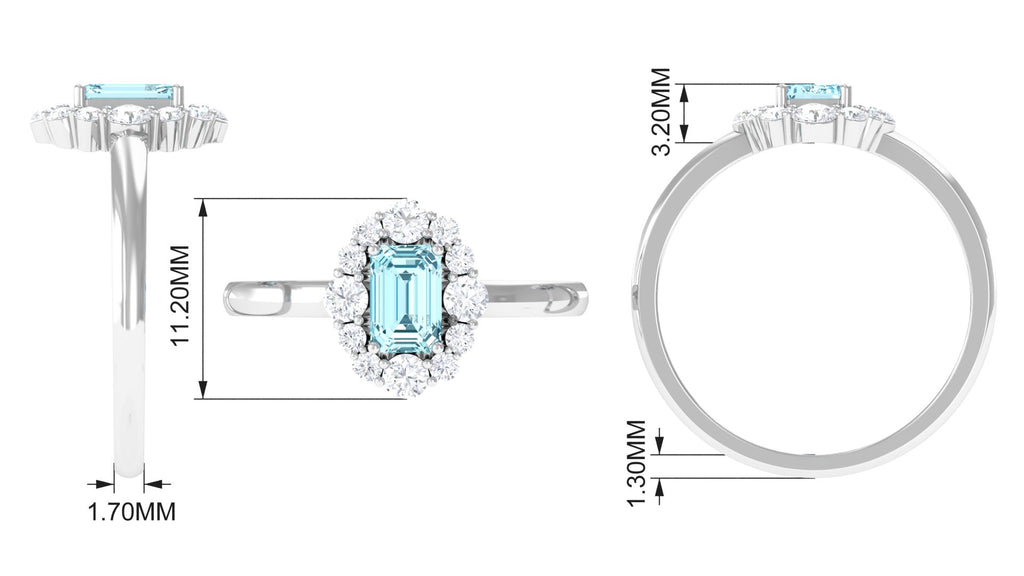 Octagon Aquamarine Engagement Ring with Diamond Halo Aquamarine - ( AAA ) - Quality - Rosec Jewels