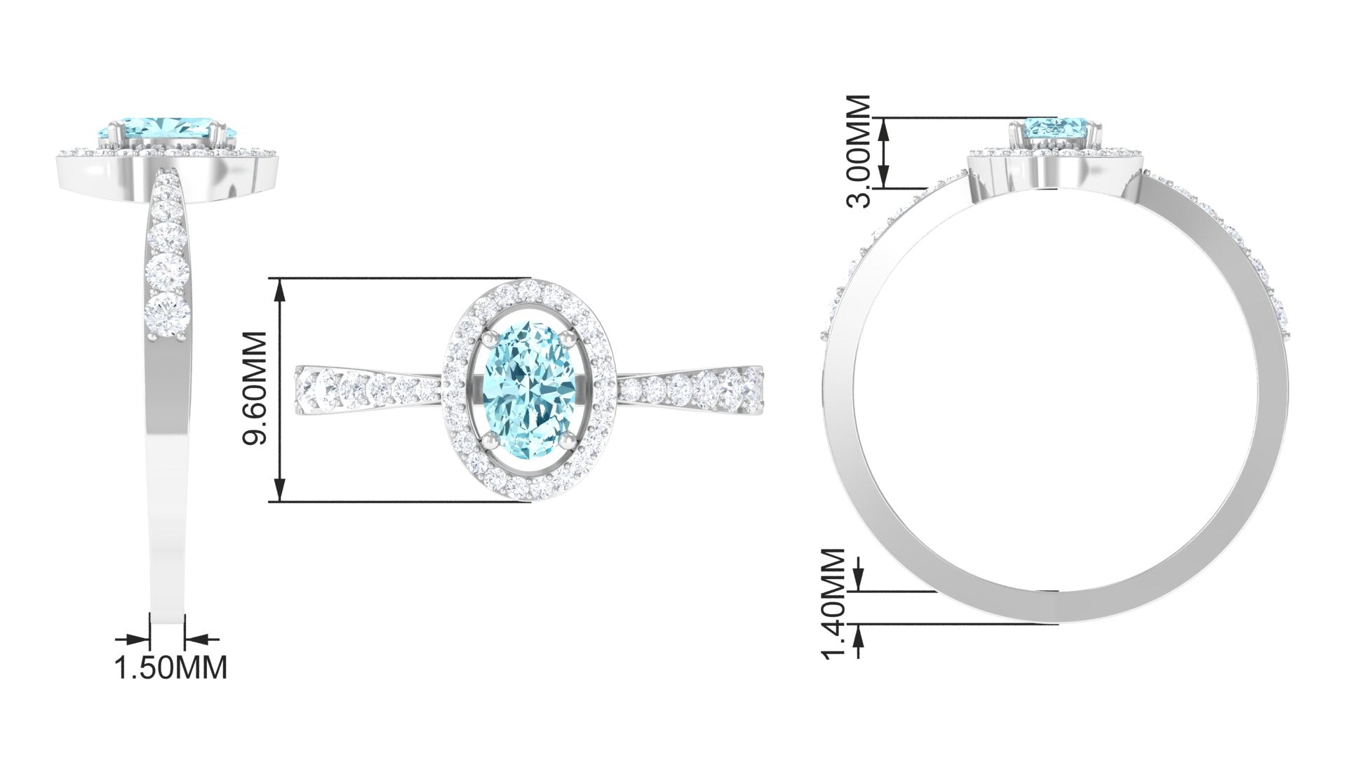 1 CT Aquamarine Engagement Ring with Diamond Halo Aquamarine - ( AAA ) - Quality - Rosec Jewels